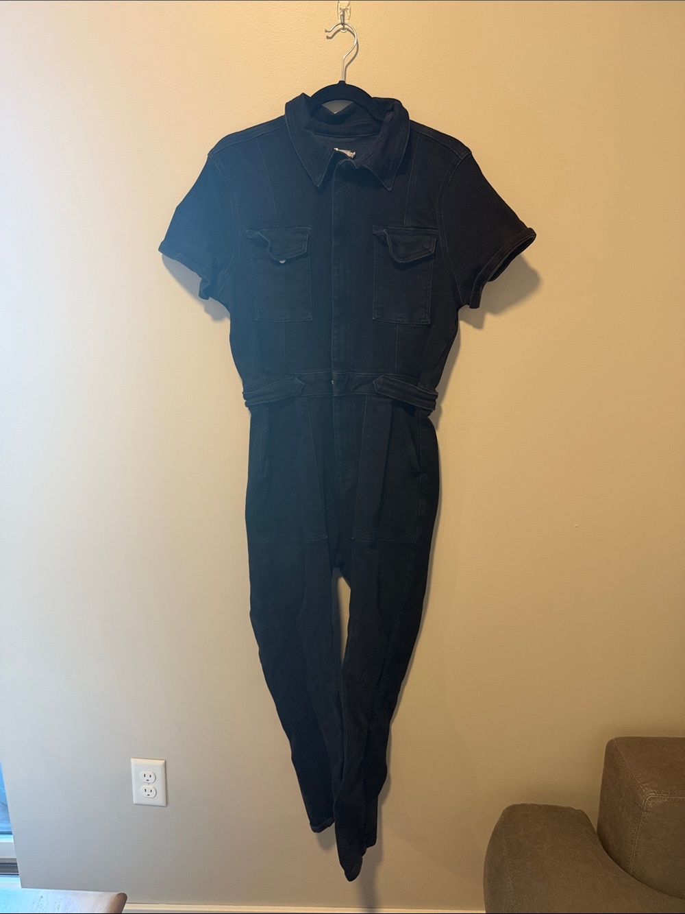 Good American Black Short-Sleeve Denim Jumpsuit